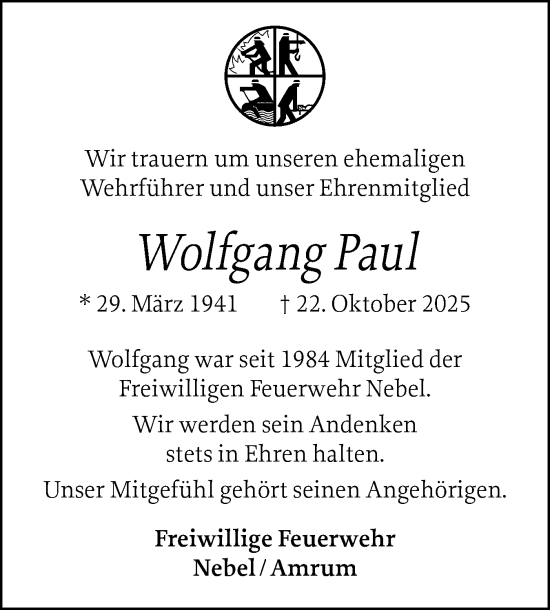 Traueranzeige von Wolfgang Paul von Der Insel-Bote