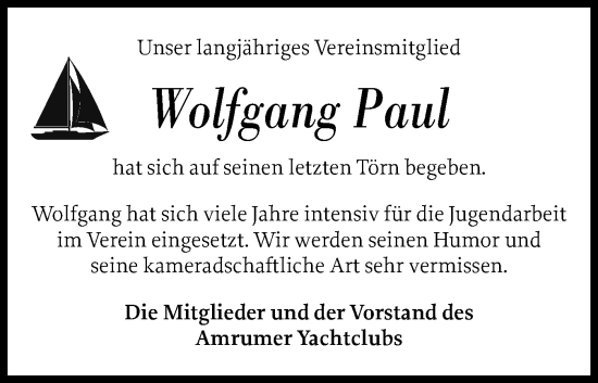 Traueranzeige von Wolfgang Paul von Der Insel-Bote