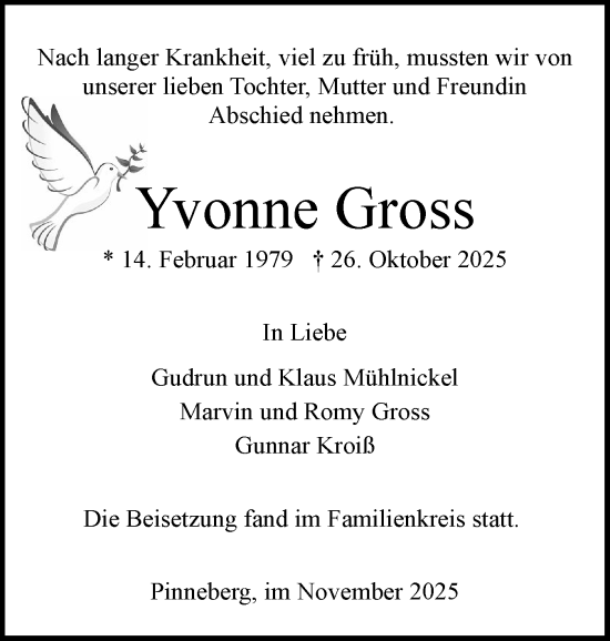 Traueranzeige von Yvonne Groß von Region Pinneberg und tip Pinneberg