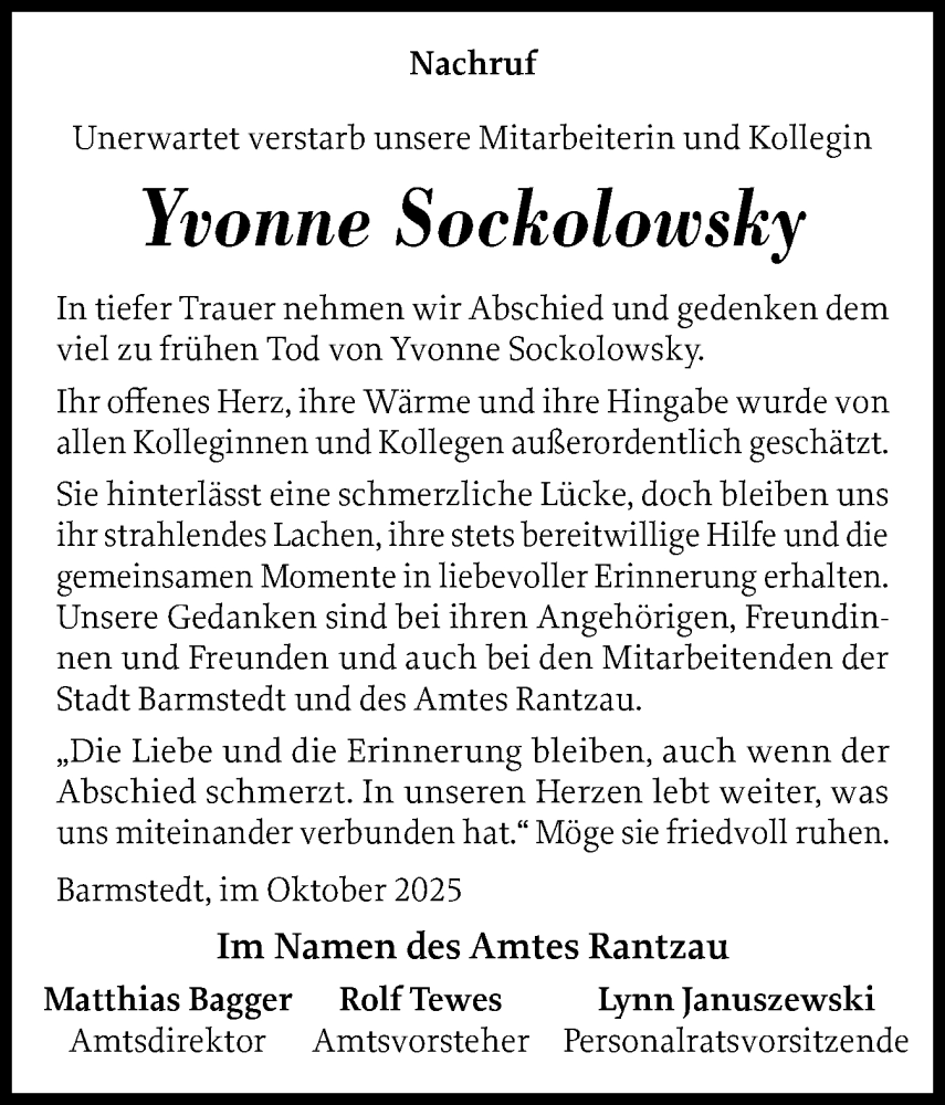  Traueranzeige für Yvonne Sockolowsky vom 08.11.2025 aus Elmshorner Nachrichten, Barmstedter Zeitung