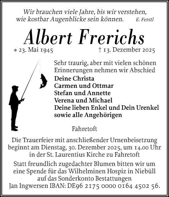 Traueranzeige von Albert Frerichs von Husumer Nachrichten, Nordfriesland Tageblatt