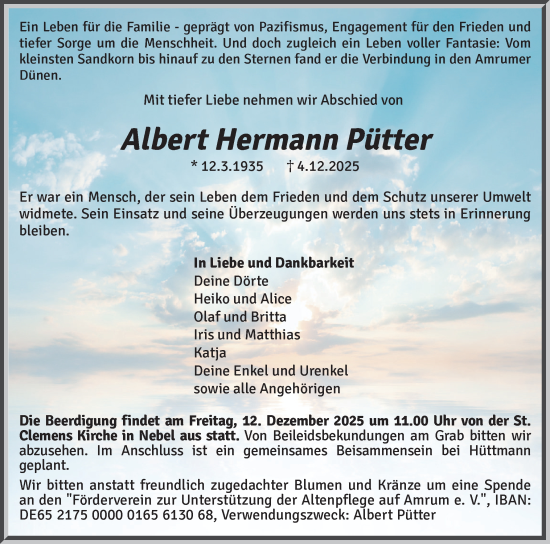 Traueranzeige von Albert Hermann Pütter von Der Insel-Bote