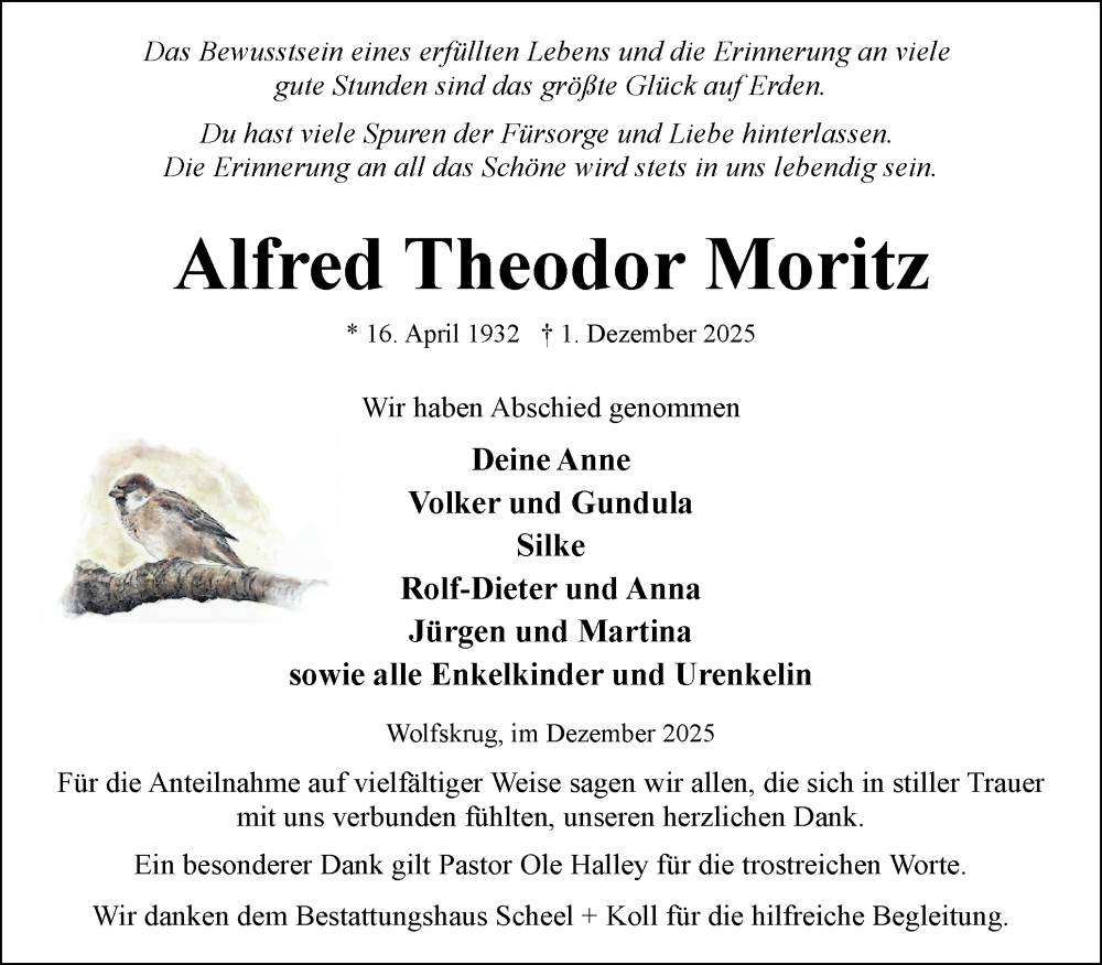  Traueranzeige für Alfred Theodor Moritz vom 20.12.2025 aus Eckernförder Zeitung, Hallo Eckernförde