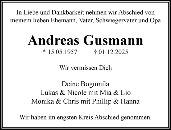 Traueranzeige von Andreas Gusmann von MARKT Bad Oldesloe/Reinfeld und Stormarner Tageblatt