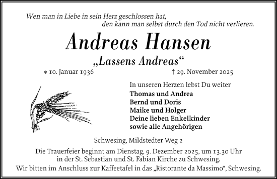 Traueranzeige von Andreas Hansen von Husumer Nachrichten, Nordfriesland Tageblatt