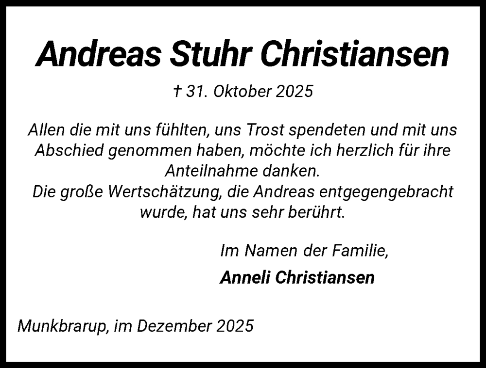  Traueranzeige für Andreas Stuhr Christiansen vom 20.12.2025 aus Flensburger Tageblatt
