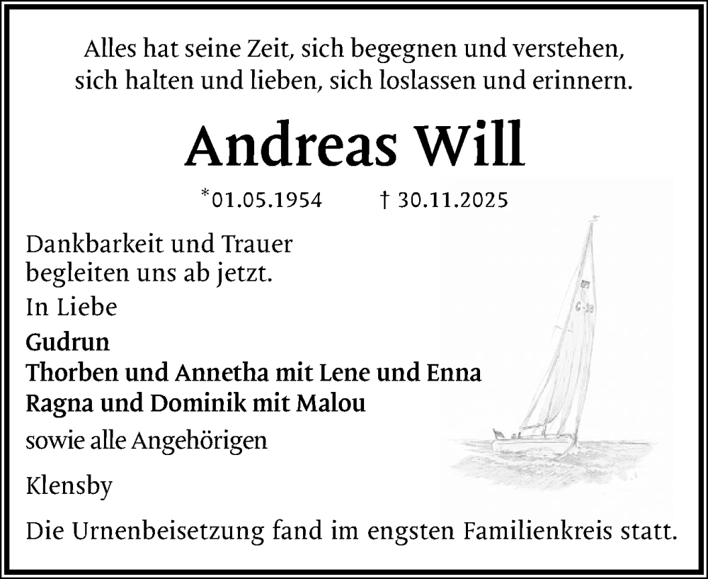  Traueranzeige für Andreas Will vom 13.12.2025 aus Schleswiger Nachrichten, Schlei-Bote