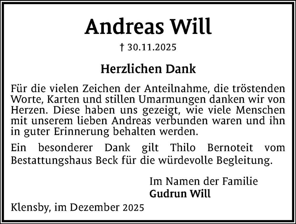  Traueranzeige für Andreas Will vom 20.12.2025 aus Schleswiger Nachrichten, Schlei-Bote