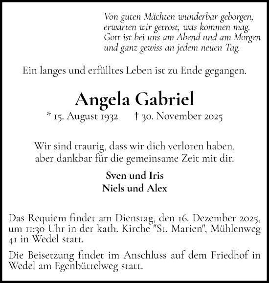 Traueranzeige von Angela Gabriel von Wedel-Schulauer Tageblatt, tip Wedel-Schulauer Tageblatt, tip Rissener Rundschau