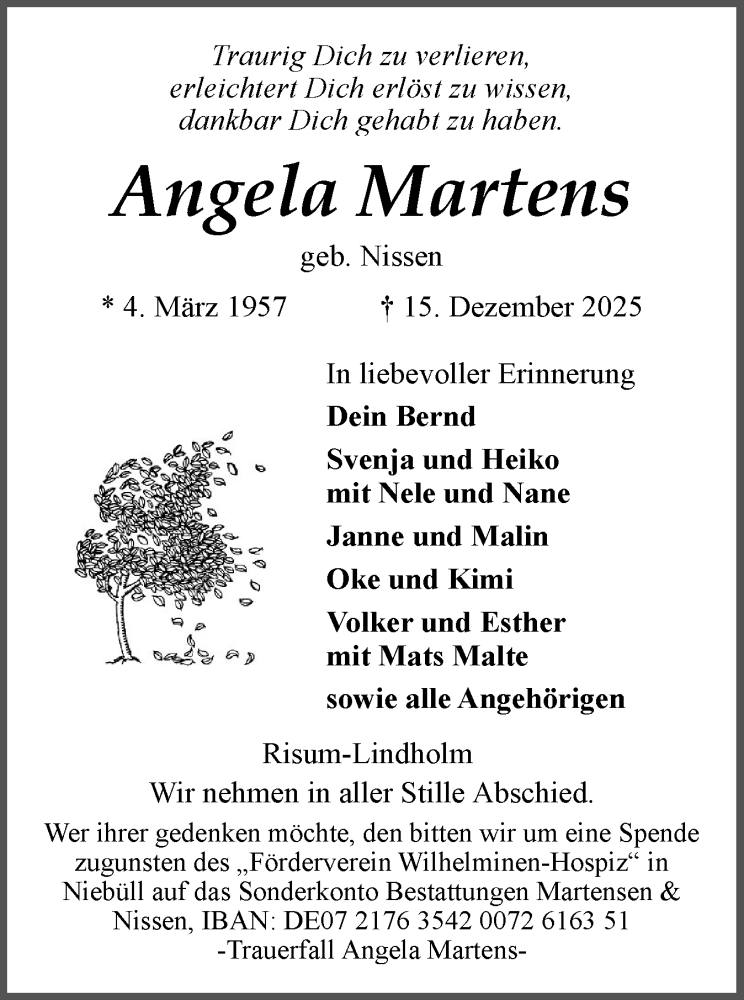  Traueranzeige für Angela Martens vom 20.12.2025 aus Husumer Nachrichten, Nordfriesland Tageblatt