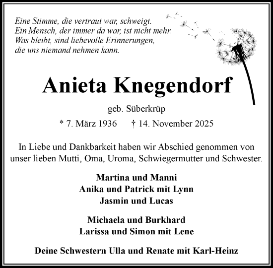 Traueranzeige von Anieta Knegendorf von Umschau