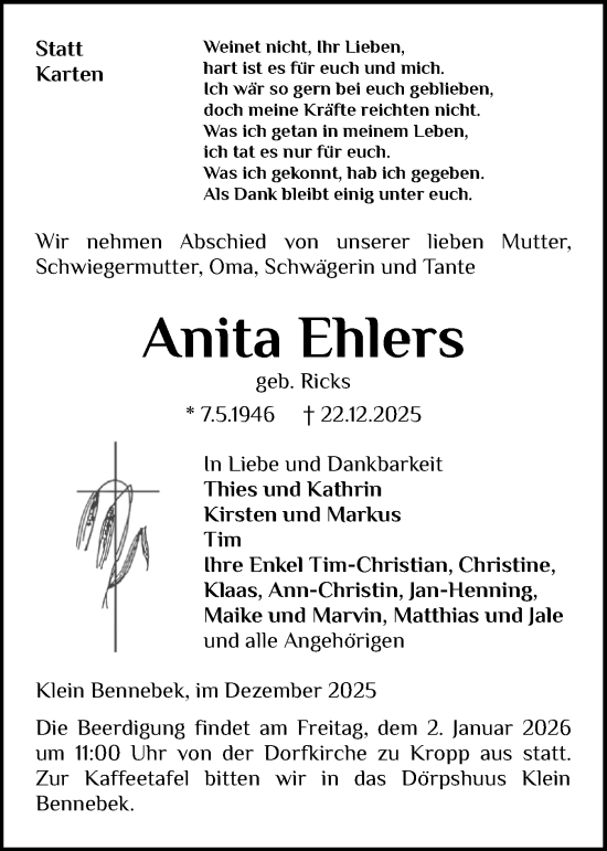 Traueranzeige von Anita Ehlers von Schleswig-Holsteinische Landeszeitung