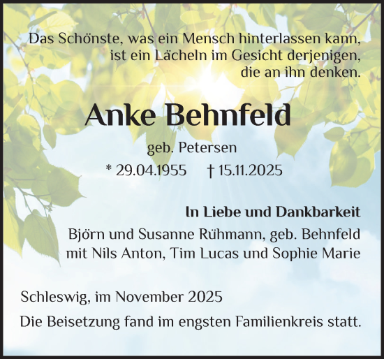 Traueranzeige von Anke Behnfeld von Schleswiger Nachrichten, Schlei-Bote