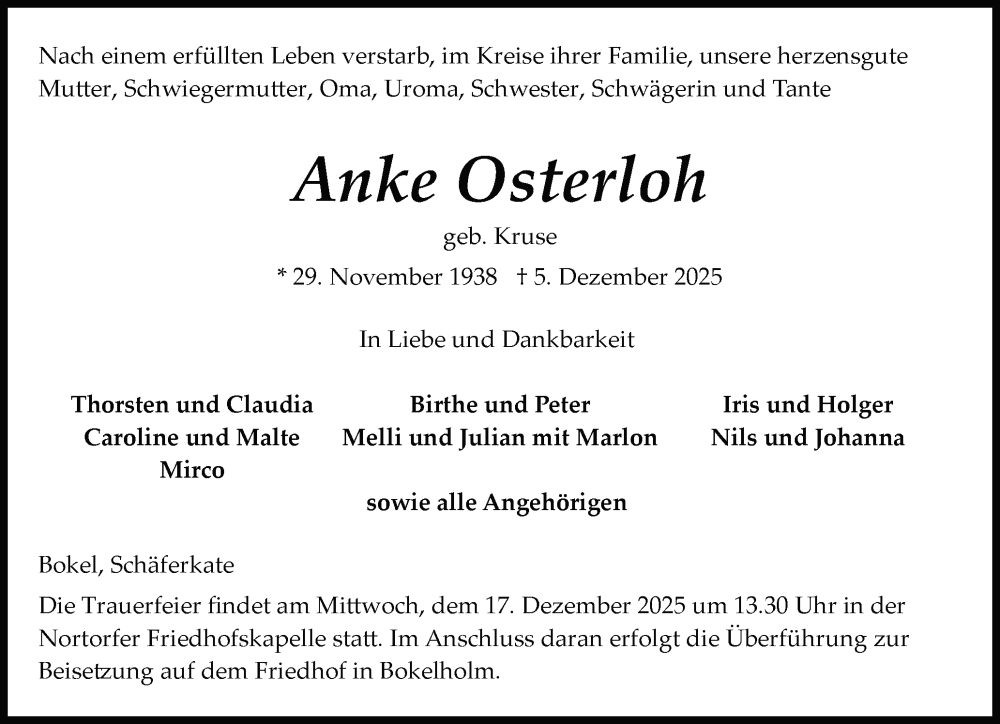  Traueranzeige für Anke Osterloh vom 13.12.2025 aus Schleswig-Holsteinische Landeszeitung