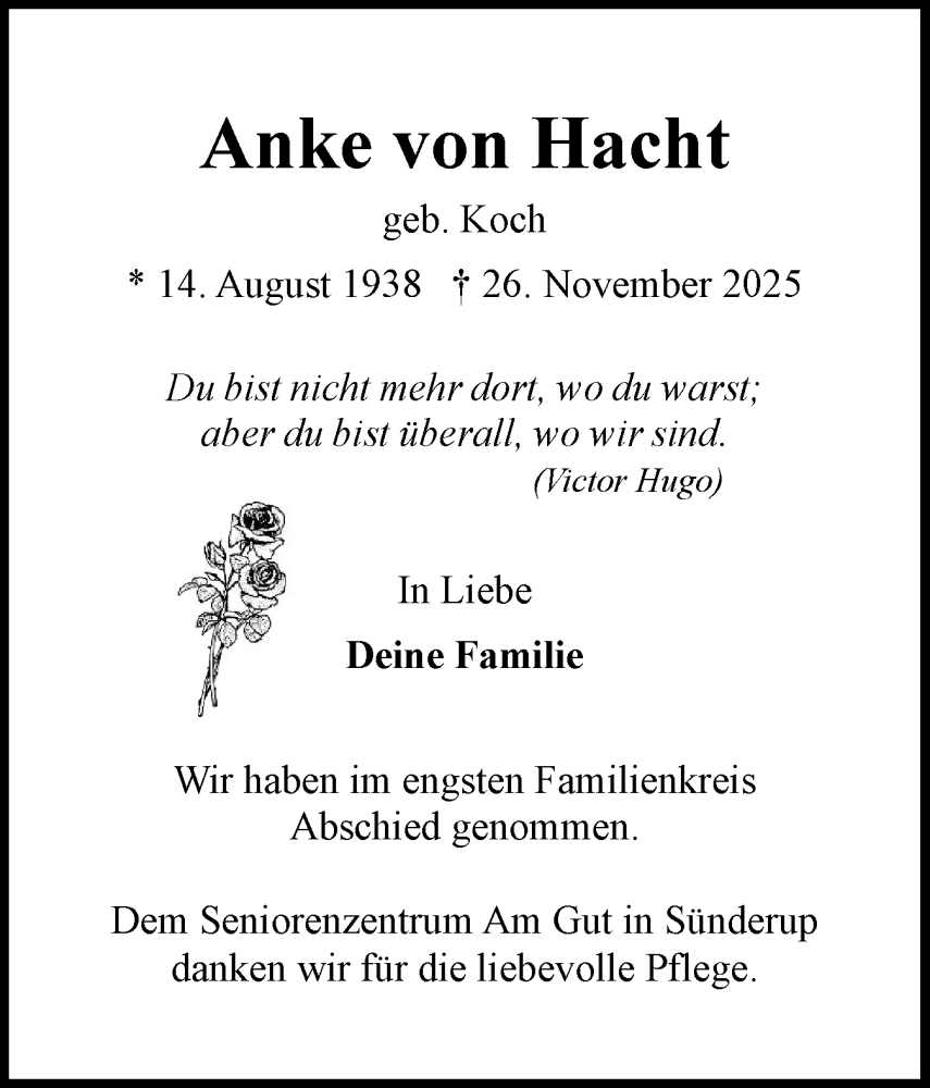  Traueranzeige für Anke von Hacht vom 13.12.2025 aus Flensburger Tageblatt