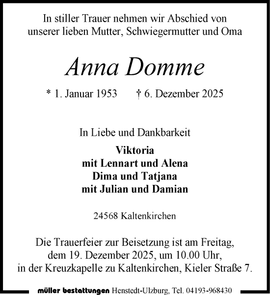 Traueranzeige von Anna Domme von Umschau