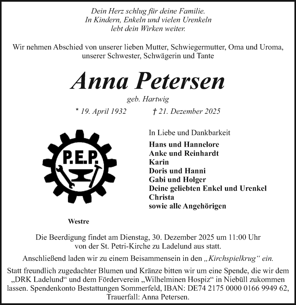  Traueranzeige für Anna Petersen vom 24.12.2025 aus Region Flensburg