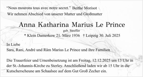 Traueranzeige von Anna Katharina Marius Le Prince von MARKT Ratzeburg/Mölln