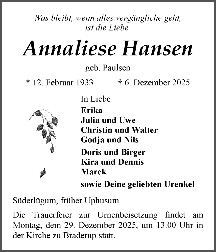  Traueranzeige für Annaliese Hansen vom 13.12.2025 aus Husumer Nachrichten, Nordfriesland Tageblatt