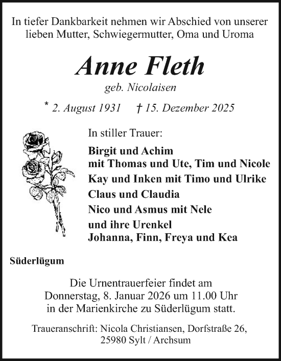Traueranzeige von Anne Fleth von Husumer Nachrichten, Nordfriesland Tageblatt
