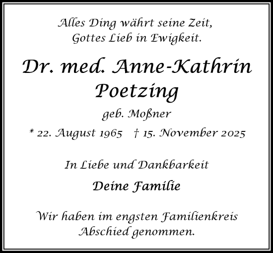 Traueranzeige von Anne-Kathrin Poetzing von MARKT Bad Oldesloe/Reinfeld und Stormarner Tageblatt