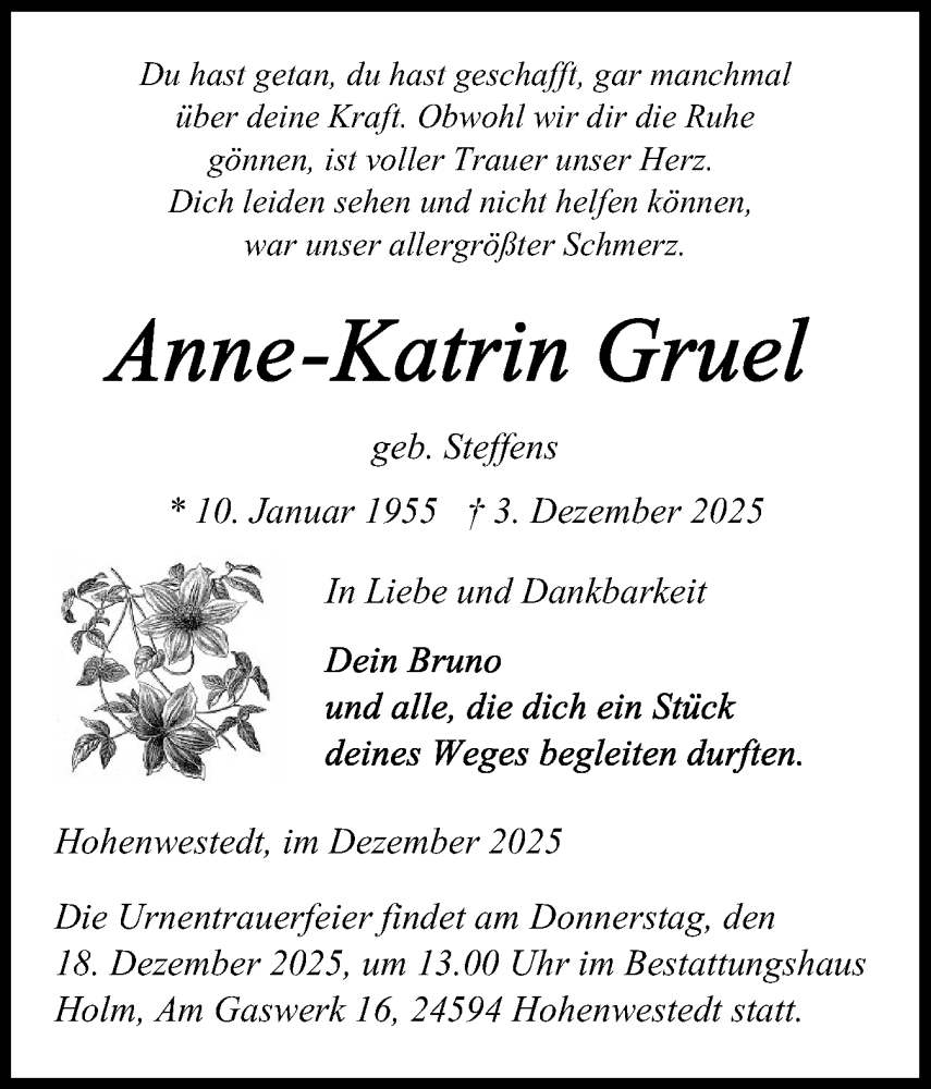  Traueranzeige für Anne-Katrin Gruel vom 06.12.2025 aus Schleswig-Holsteinische Landeszeitung