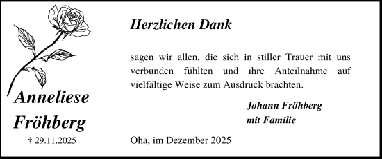 Traueranzeige von Anneliese Fröhberg von Schleswig-Holsteinische Landeszeitung