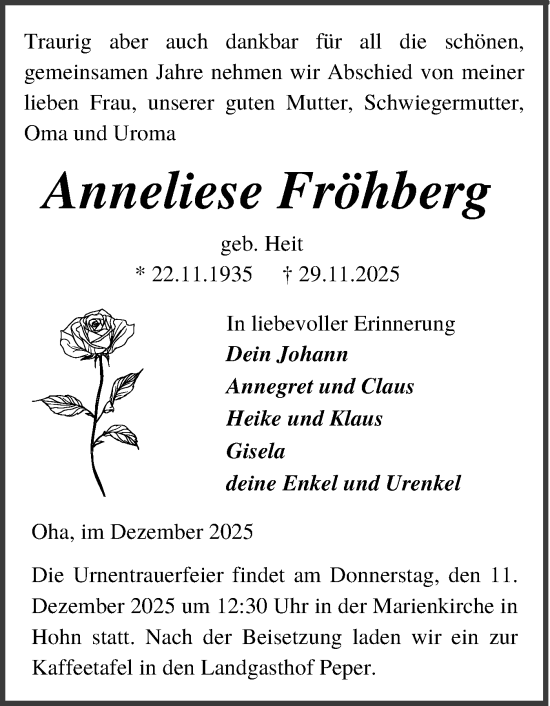 Traueranzeige von Anneliese Fröhberg von Schleswig-Holsteinische Landeszeitung
