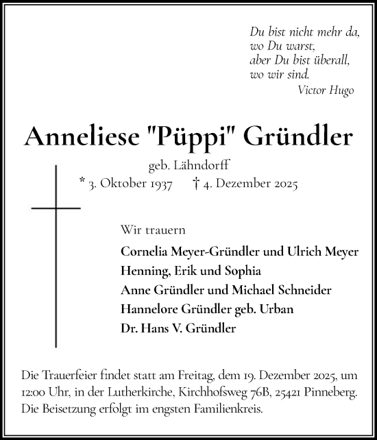 Traueranzeige von Anneliese Gründler von Region Pinneberg und tip Pinneberg