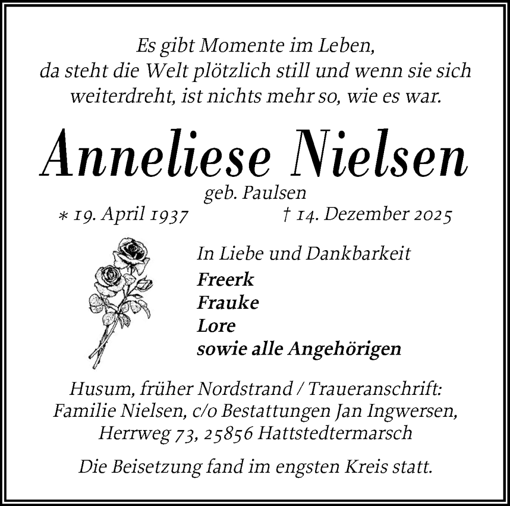  Traueranzeige für Anneliese Nielsen vom 19.12.2025 aus Husumer Nachrichten, Nordfriesland Tageblatt