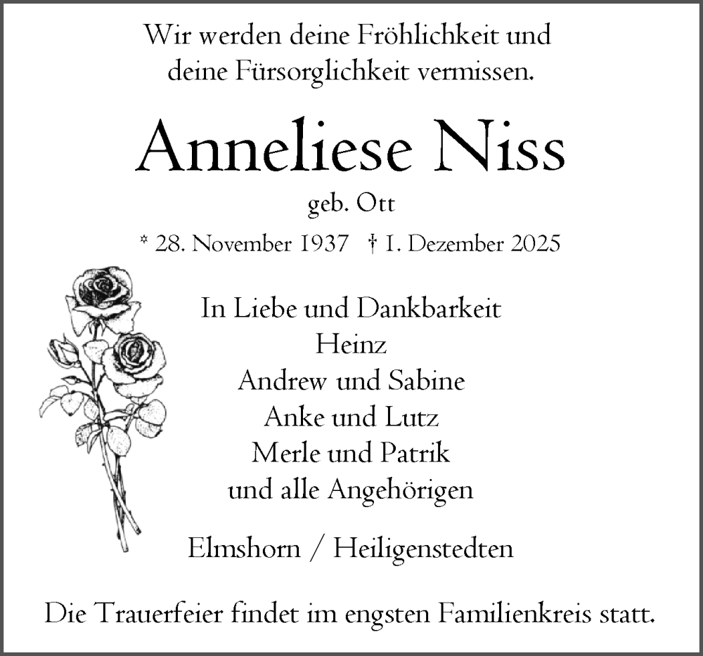  Traueranzeige für Anneliese Niss vom 06.12.2025 aus Norddeutsche Rundschau, Wilstersche Zeitung, Glückstädter Fortuna