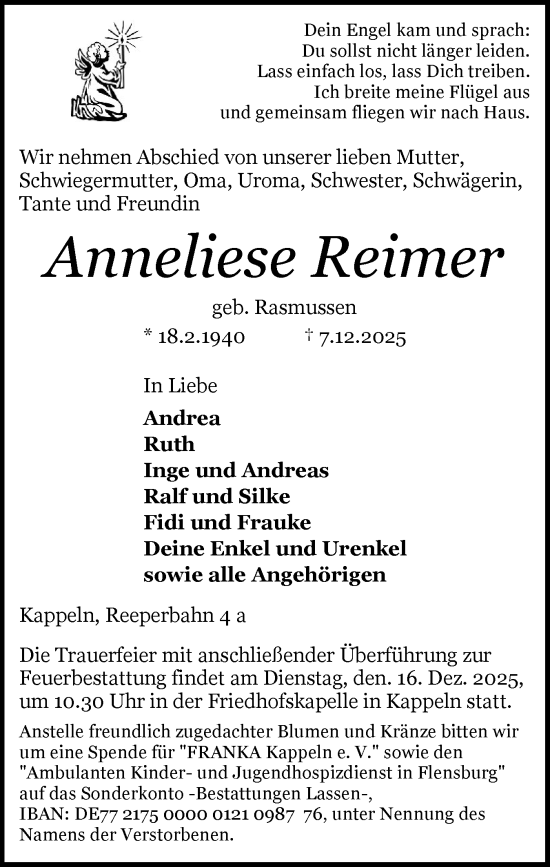Traueranzeige von Anneliese Reimer von Flensburger Tageblatt, Schleswiger Nachrichten, Schlei-Bote