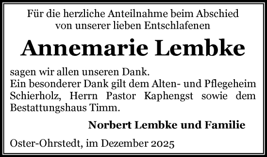 Traueranzeige von Annemarie Lembke von Husumer Nachrichten, Nordfriesland Tageblatt