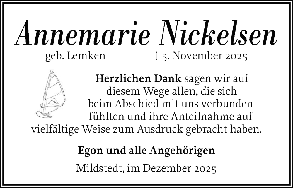  Traueranzeige für Annemarie Nickelsen vom 09.12.2025 aus Husumer Nachrichten, Nordfriesland Tageblatt