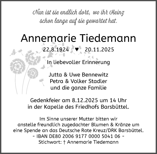 Traueranzeige von Annemarie Tiedemann von MARKT Glinde/Reinfeld