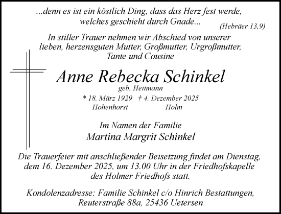 Traueranzeige von Anne Rebecka Schinkel von Uetersener Nachrichten, Der tip am Wochenende