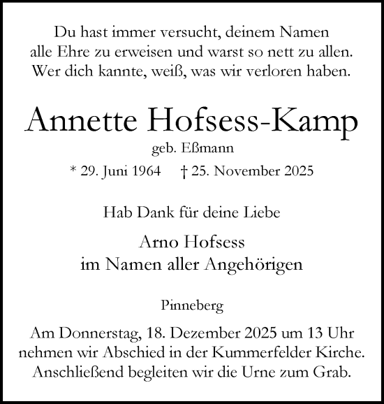 Traueranzeige von Annette Hofsess-Kamp von Region Pinneberg und tip Pinneberg