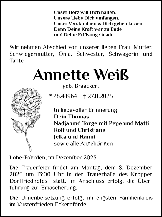 Traueranzeige von Annette Weiß von Schleswig-Holsteinische Landeszeitung