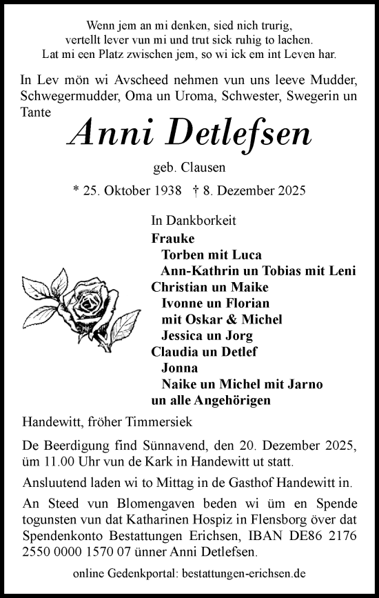 Traueranzeige von Anni Detlefsen von Flensburger Tageblatt