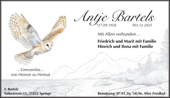Traueranzeige von Antje Bartels von Husumer Nachrichten, Nordfriesland Tageblatt