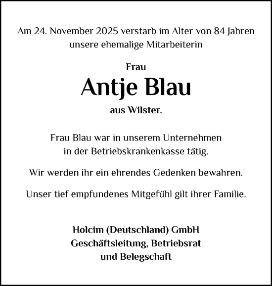 Traueranzeige von Antje Blau von Norddeutsche Rundschau, Wilstersche Zeitung, Glückstädter Fortuna