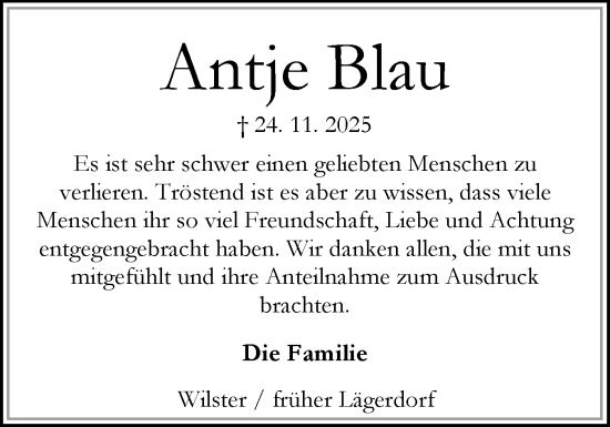 Traueranzeige von Antje Blau von Norddeutsche Rundschau, Wilstersche Zeitung, Glückstädter Fortuna