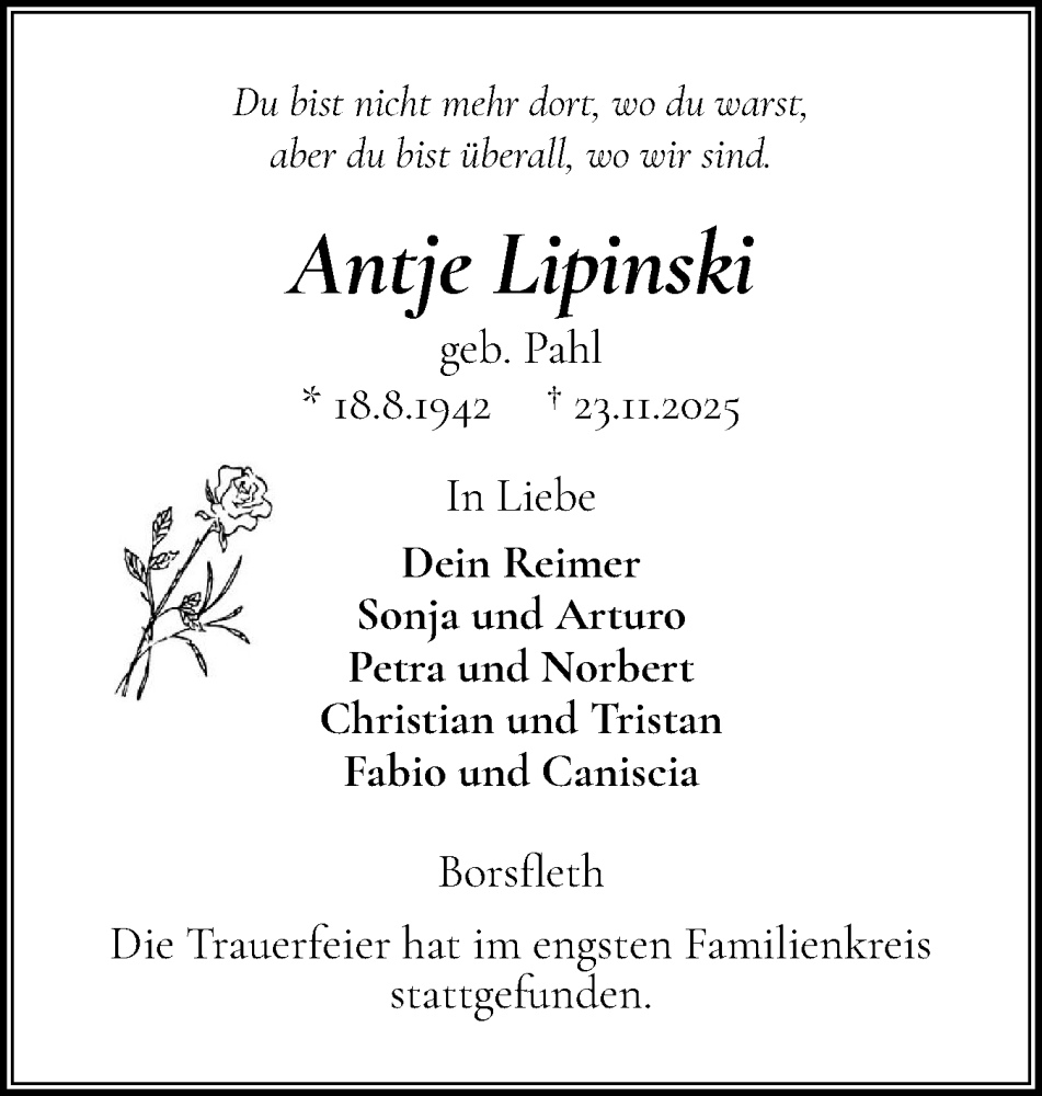  Traueranzeige für Antje Lipinski vom 13.12.2025 aus Norddeutsche Rundschau, Wilstersche Zeitung, Glückstädter Fortuna