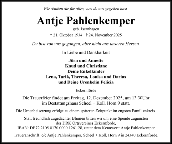 Traueranzeige von Antje Pahlenkemper von Eckernförder Zeitung, Hallo Eckernförde