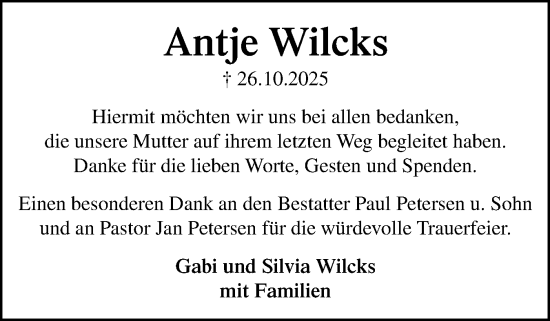 Traueranzeige von Antje Wilcks von Die WochenSchau Gesamtausgabe