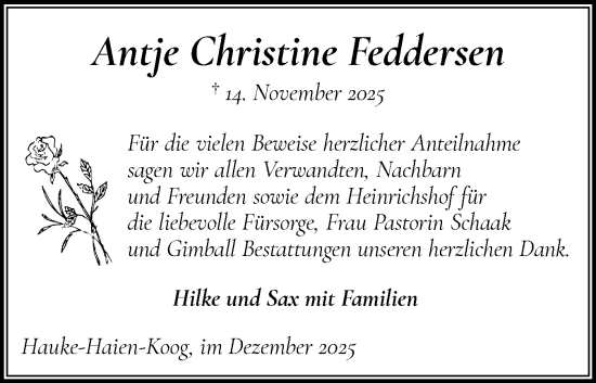 Traueranzeige von Antje Christine Feddersen von Husumer Nachrichten, Nordfriesland Tageblatt