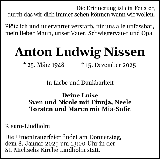 Traueranzeige von Anton Ludwig Nissen von Husumer Nachrichten, Nordfriesland Tageblatt