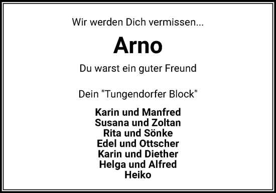 Traueranzeige von Arno  von Holsteinischer Courier