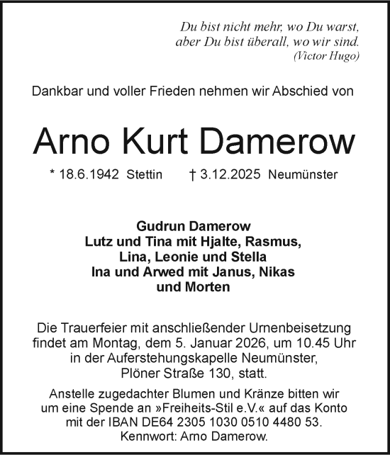 Traueranzeige von Arno Kurt Damerow von Holsteinischer Courier