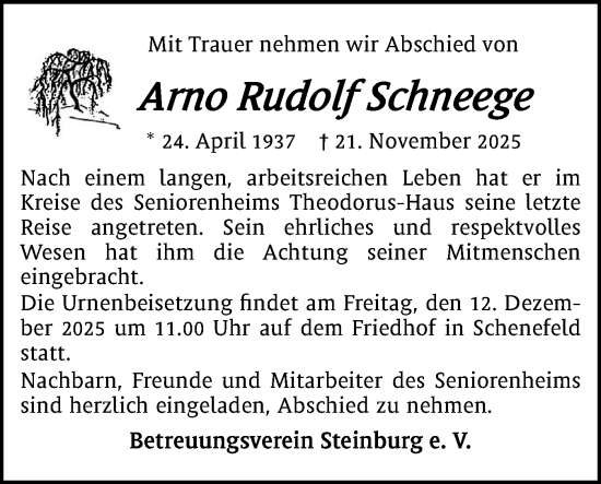 Traueranzeige von Arno Rudolf Schneege von Norddeutsche Rundschau, Wilstersche Zeitung, Glückstädter Fortuna
